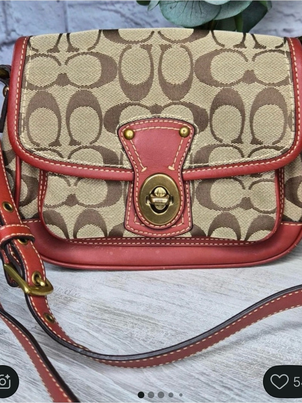 Coach Signature Canvas and Leather rare crossbody Bag in Khaki/Red.